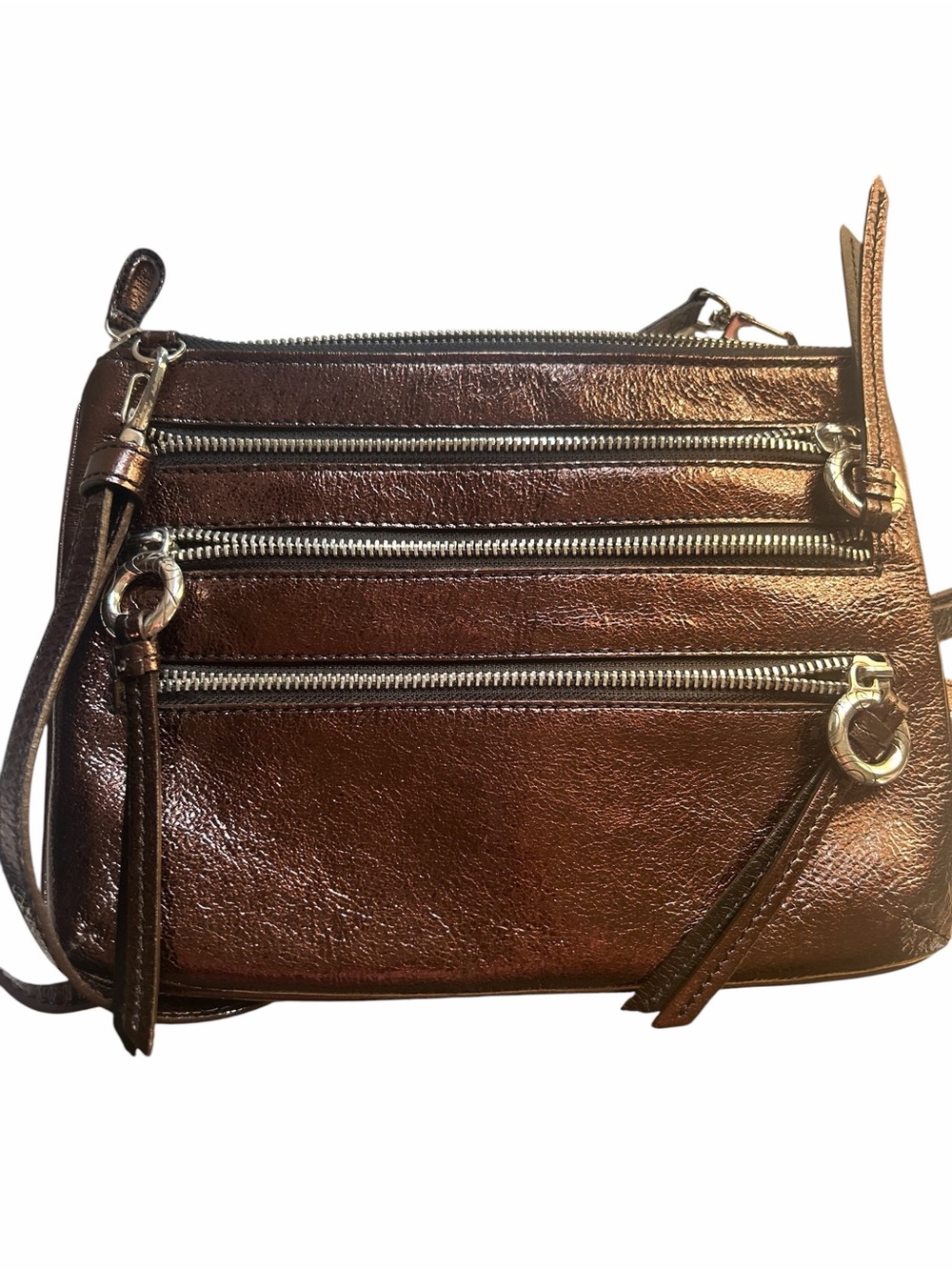 Brighton Leather Metallic Brown Triple-Zip Belt Crossbody Bag Y2K